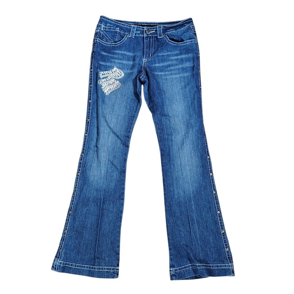 Rocawear Women's Denim Jeans Size 9 Flare Leg Sequins Studded Y2K Streetwear